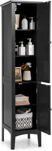 Tall Slim Storage Cabinet Black 5 Tier 2 Door Cupboard