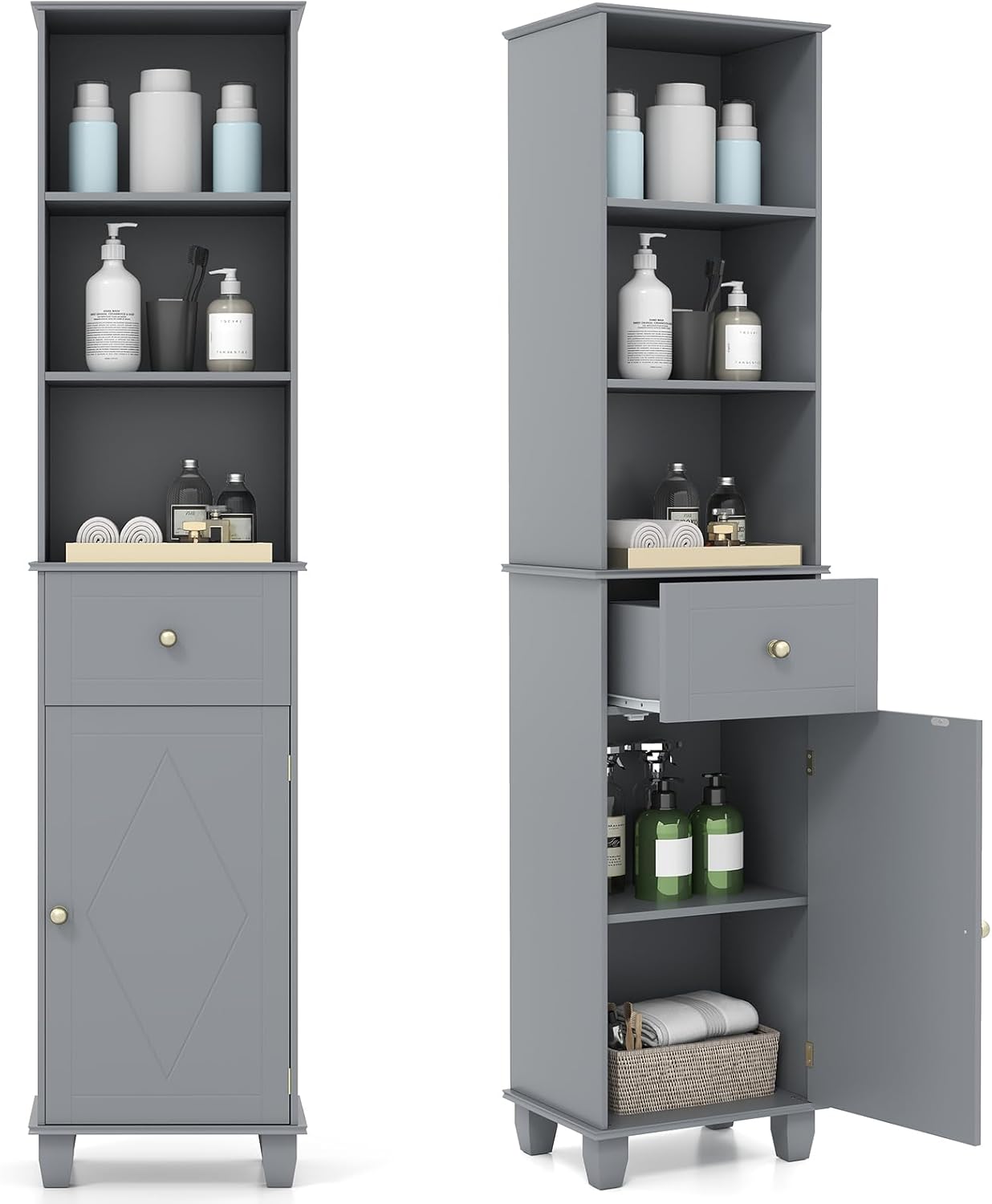 Tall Slim Storage Cabinet Grey Drawer Shelves Door Unit