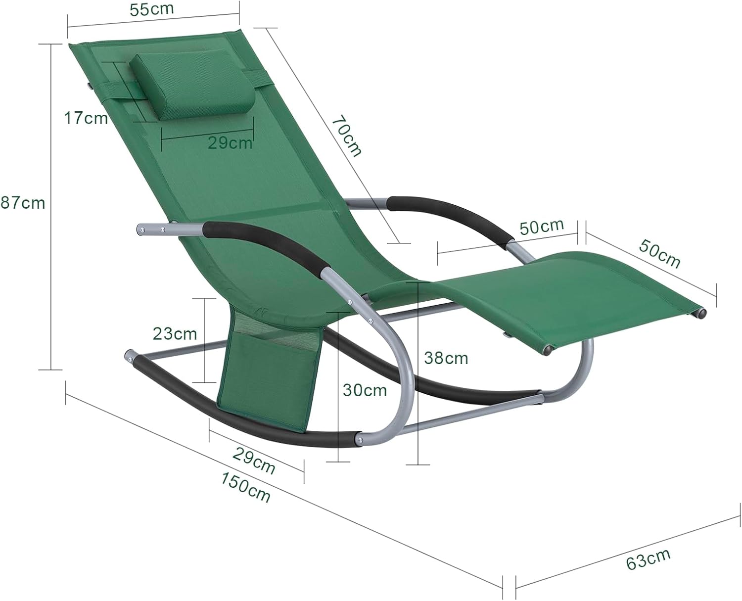 Garden Rocking Sun Lounger Recliner with Pillow Green