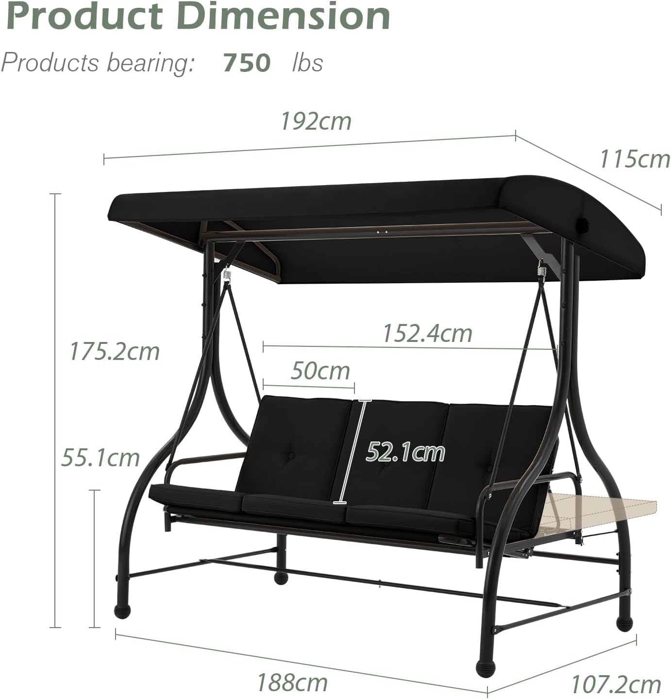 3 Seater Garden Swing Seat Bed Convertible Hammock Chair Black