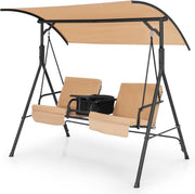 2 Seater Swing Chair Canopy Cooler Tray Beige Patio