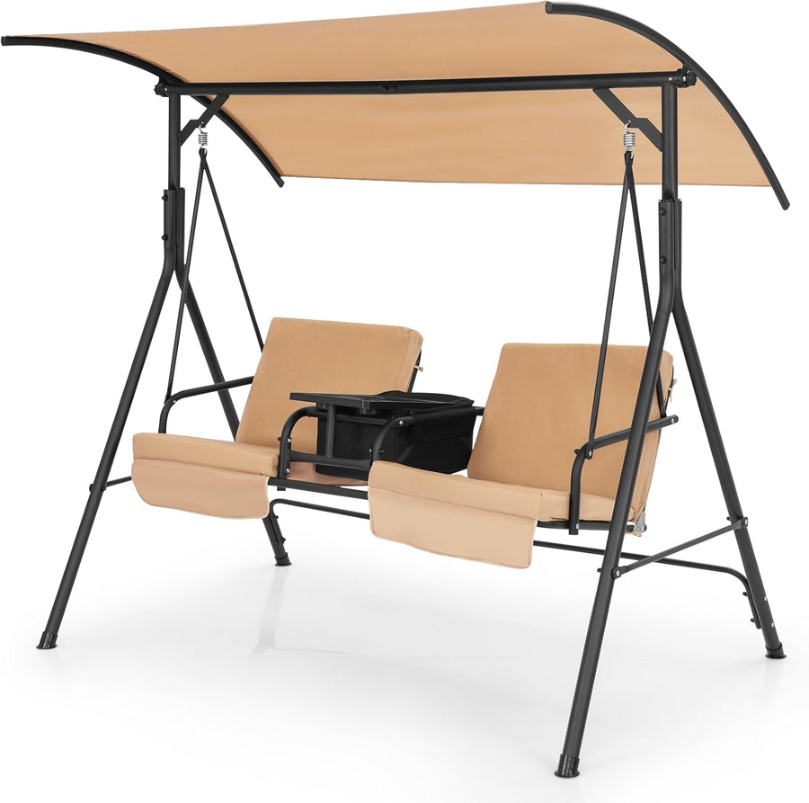 Beige 2 Seater Swing Chair with Canopy Cooler Tray