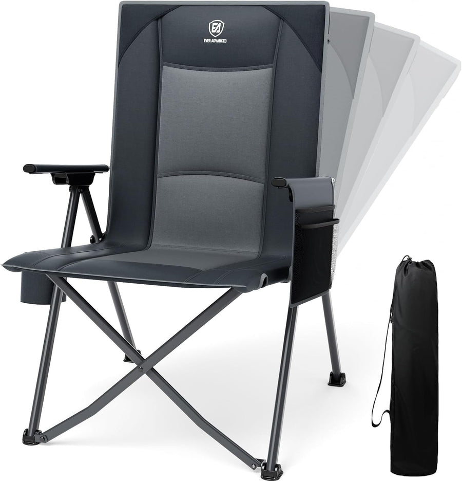 Luxury Reclining Camping Chair Foldable Heavy Duty 350lbs Grey