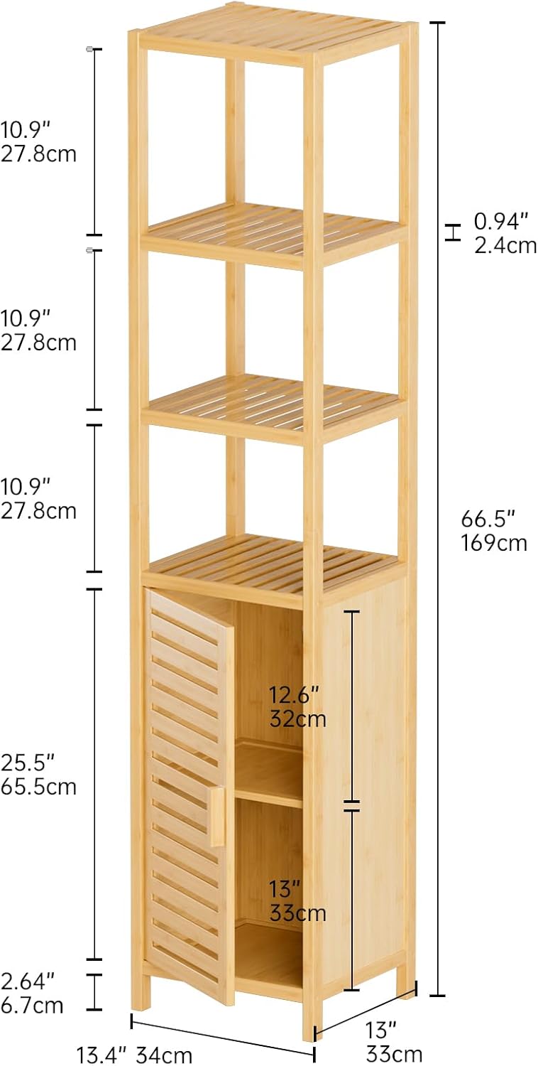 Bamboo Tall Storage Cabinet Natural Shelf Door Unit