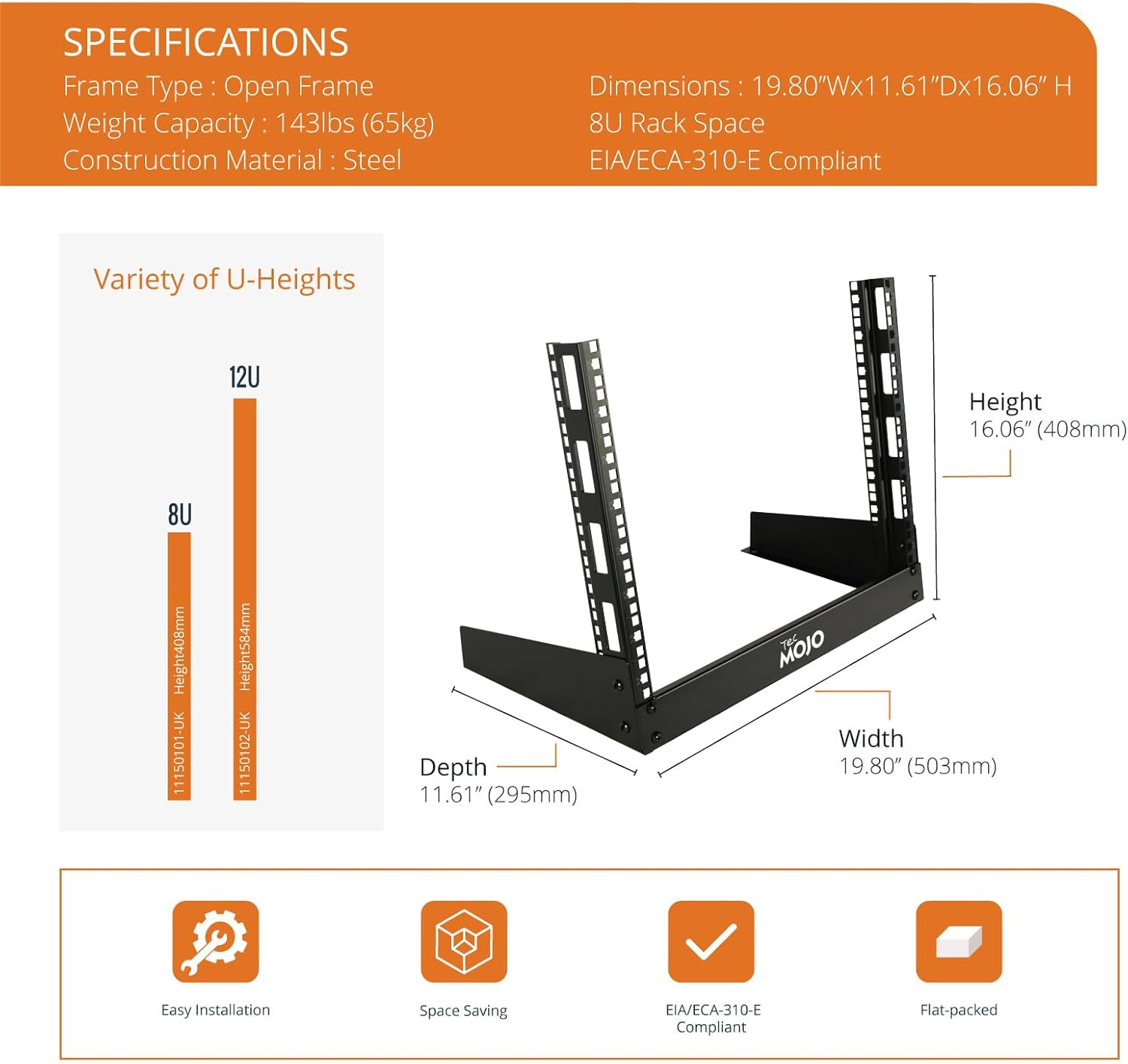 8U Desktop 2 Post Open Frame Server Rack Black