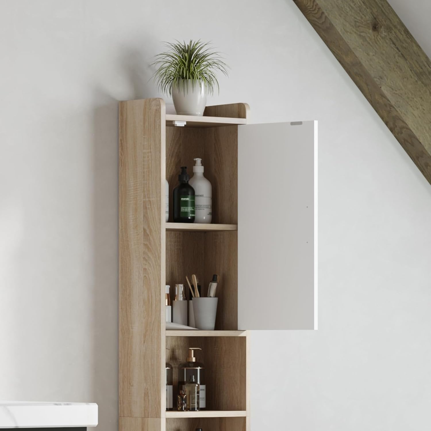 Tall Slim Storage Cabinet White Walnut Shelves Door Unit