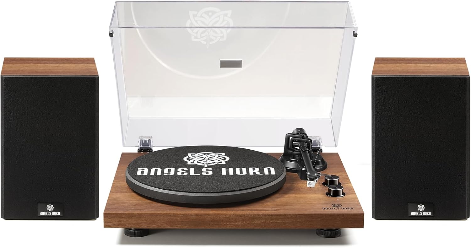 Hi-Fi Turntable with Bluetooth Speakers, Vinyl Record Player, 2-Speed, Wood Finish
