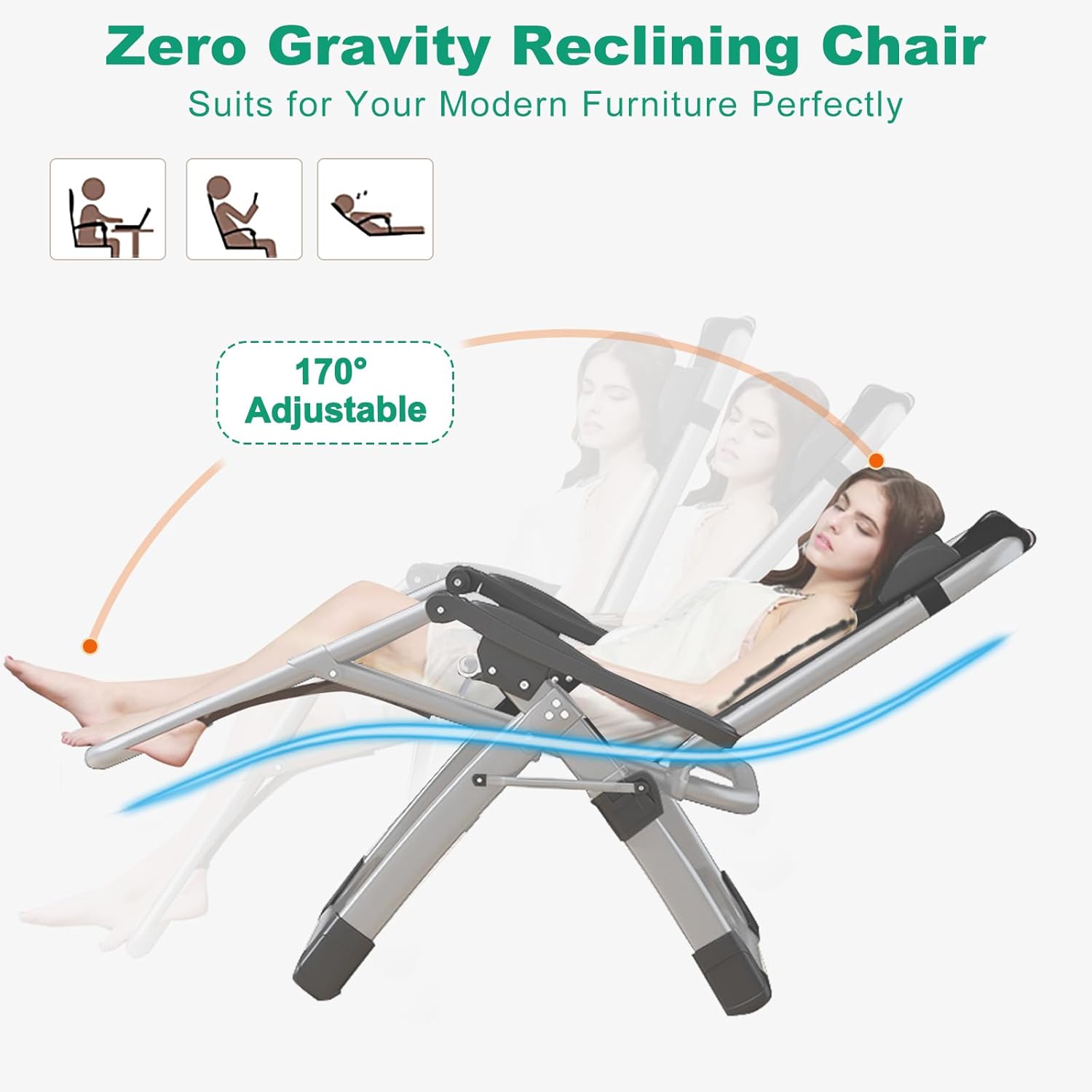 Zero Gravity Folding Sun Lounger Garden Recliner Chair Cushion Blue