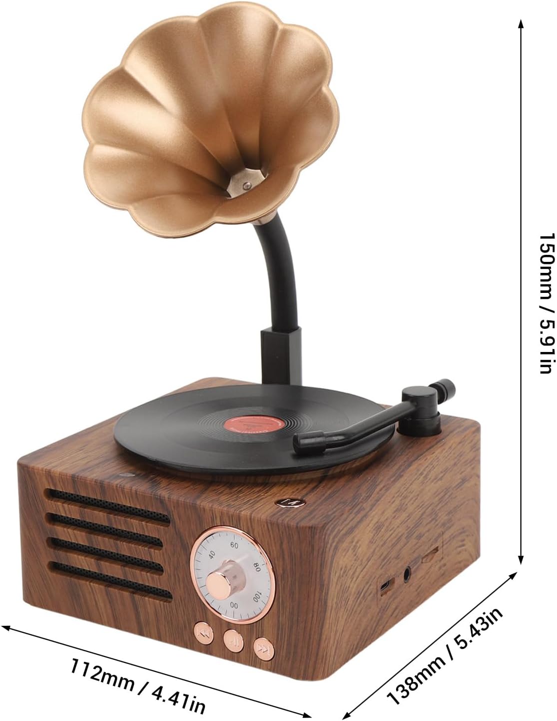 Vintage Bluetooth Speaker with Copper Horn FM Radio Wood Grain