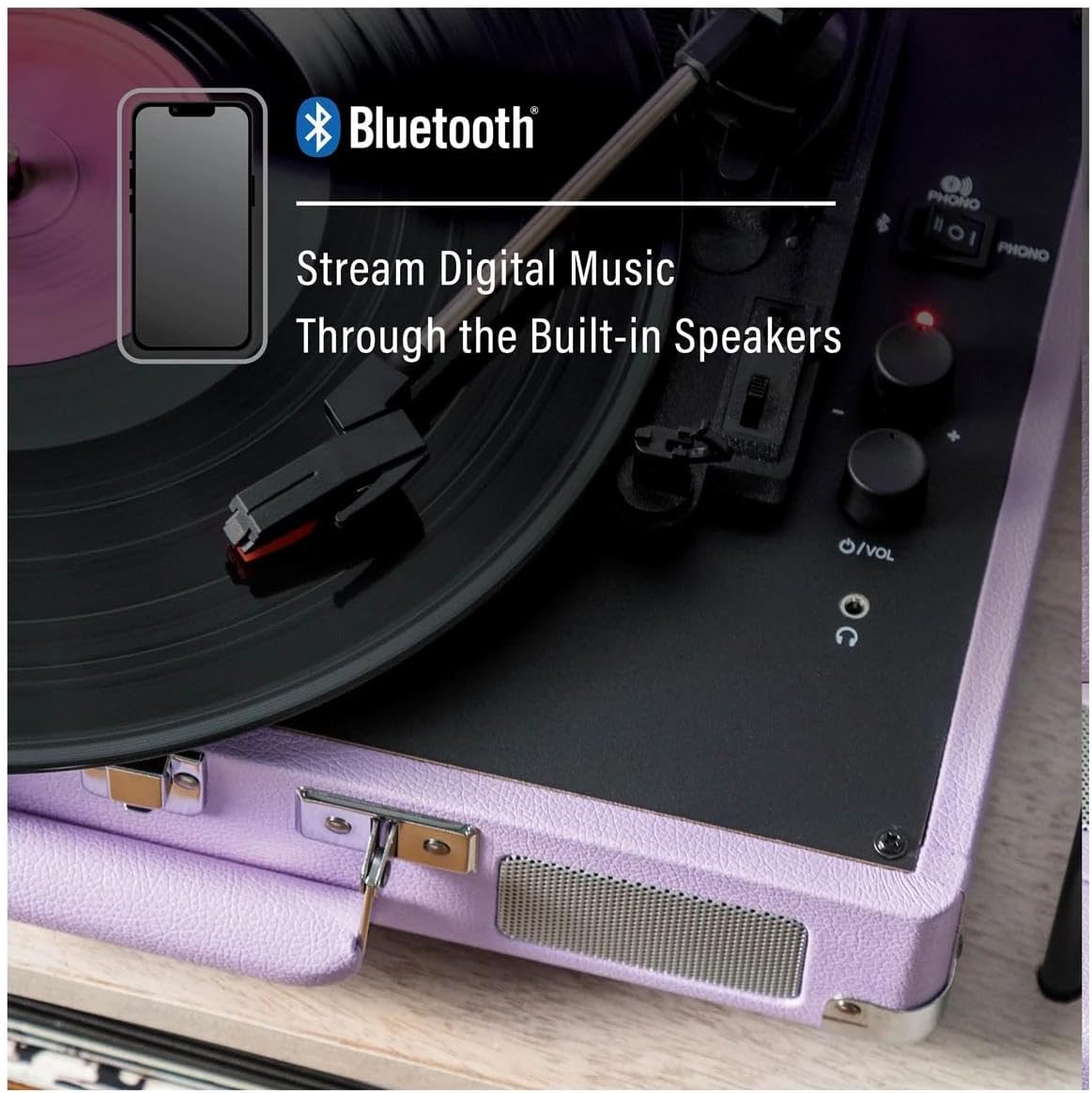 Portable Bluetooth Record Player 3 Speed Suitcase Lavender