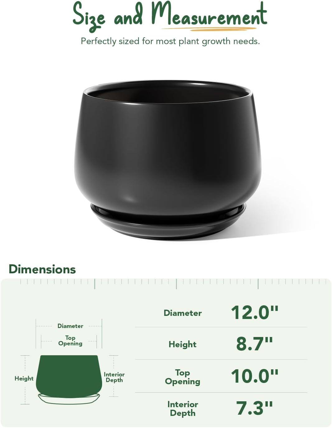 30cm Black Ceramic Plant Pot Large Planter with Drainage Saucer
