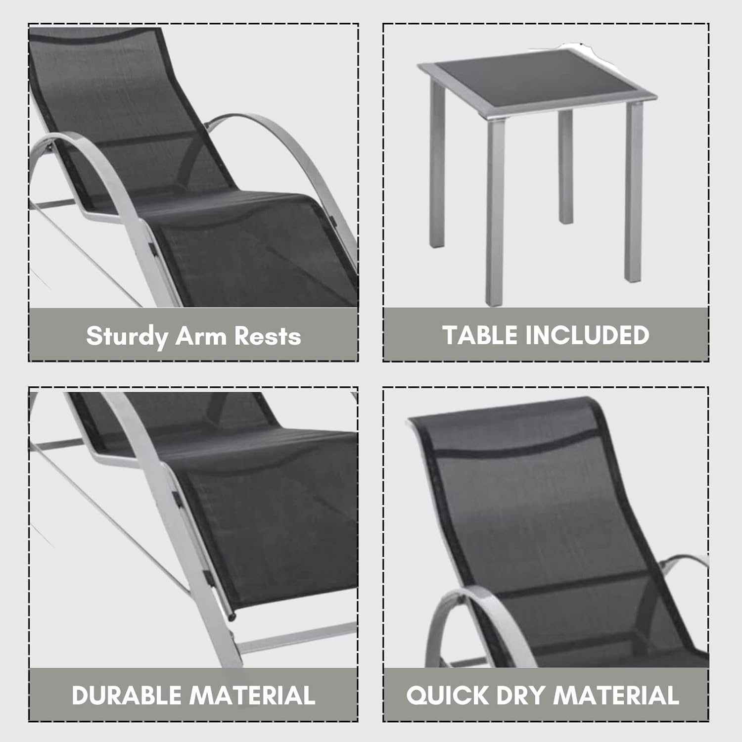 3 Piece Garden Sun Lounger Set Recliners Side Table Black