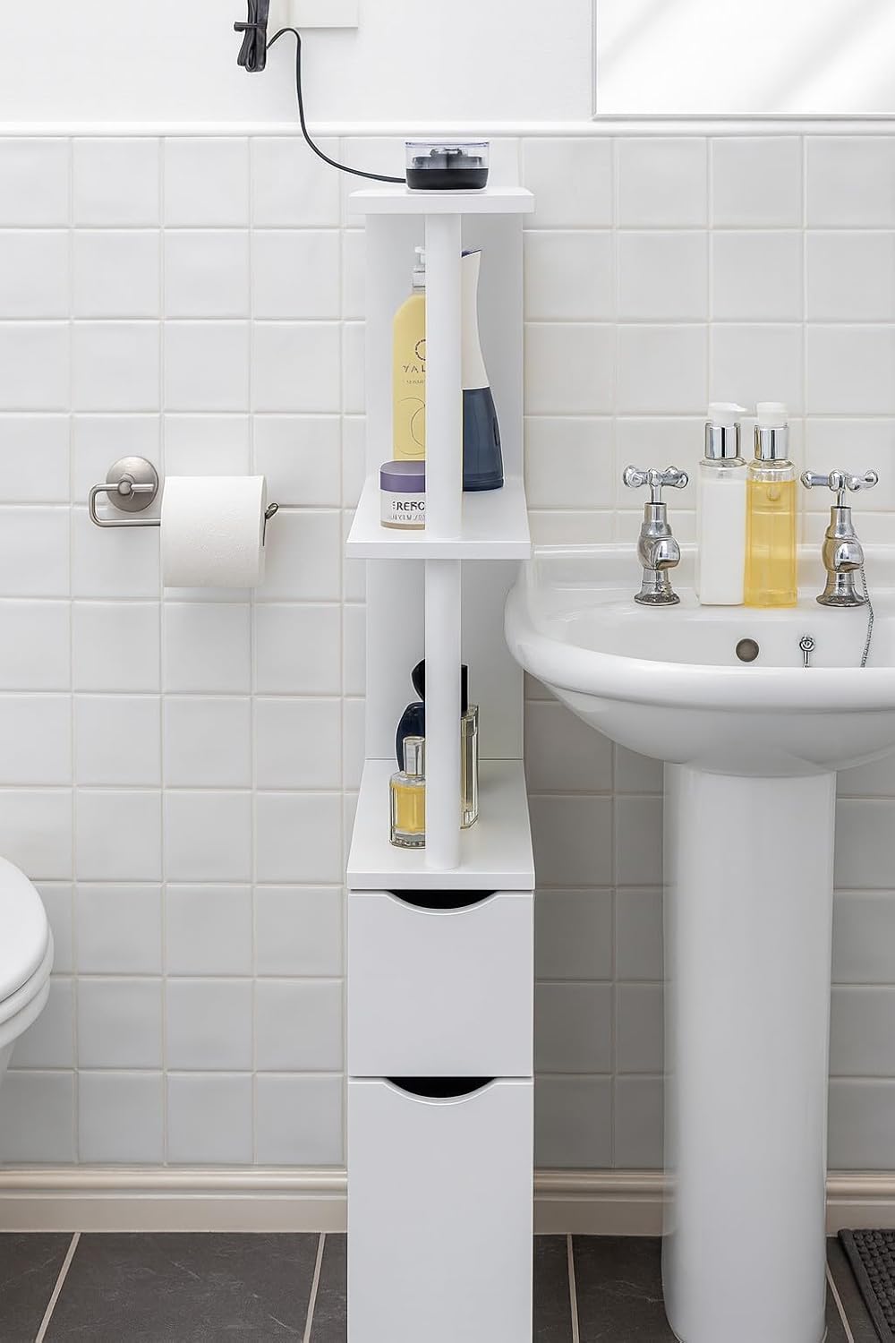 Slim Tall Bathroom Storage Cabinet 2 Doors 2 Shelves White