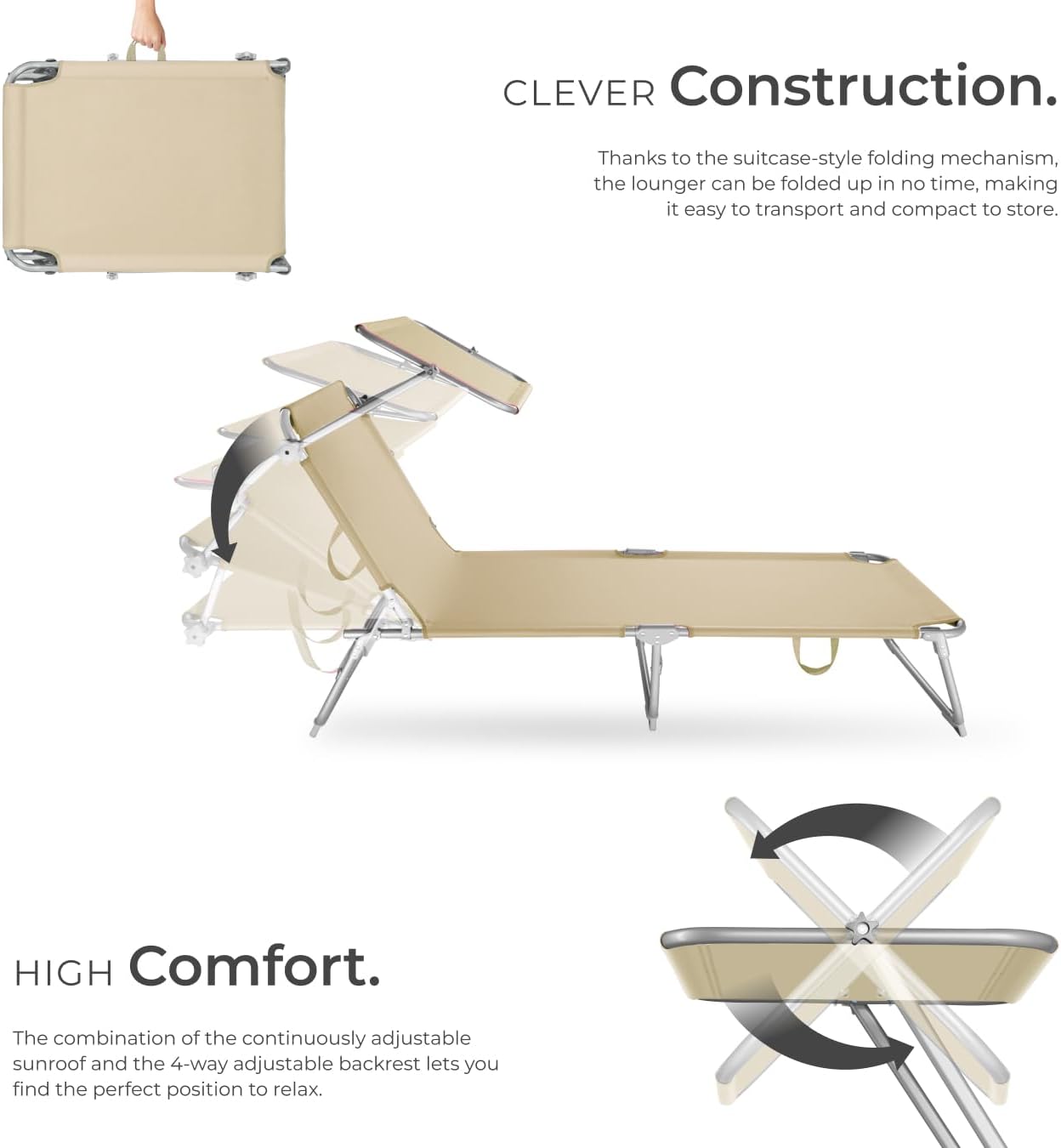 Folding Sun Lounger with Canopy Adjustable Backrest Beige