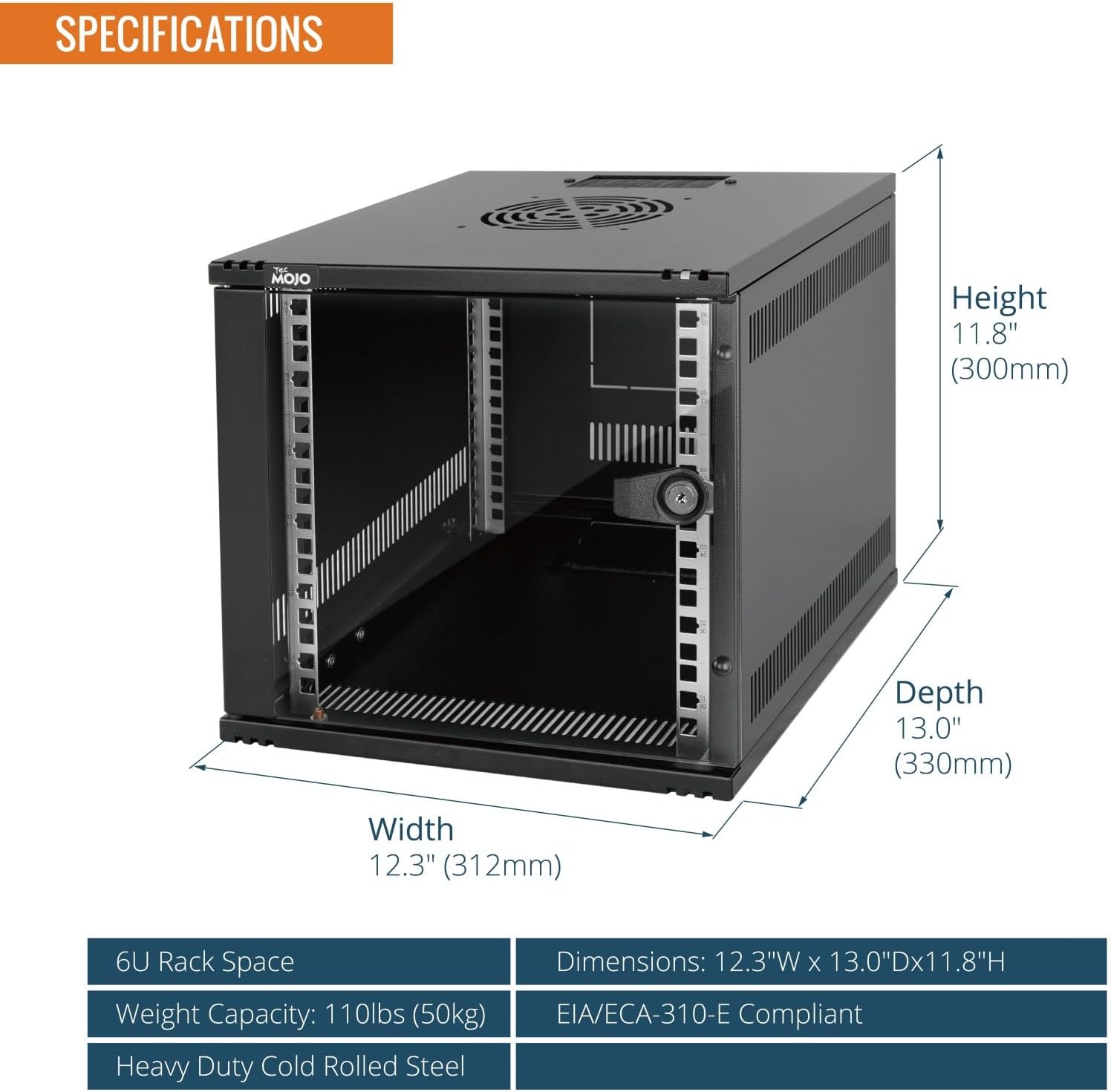 6U 10 Inch Wall Mount Data Cabinet Glass Door Black