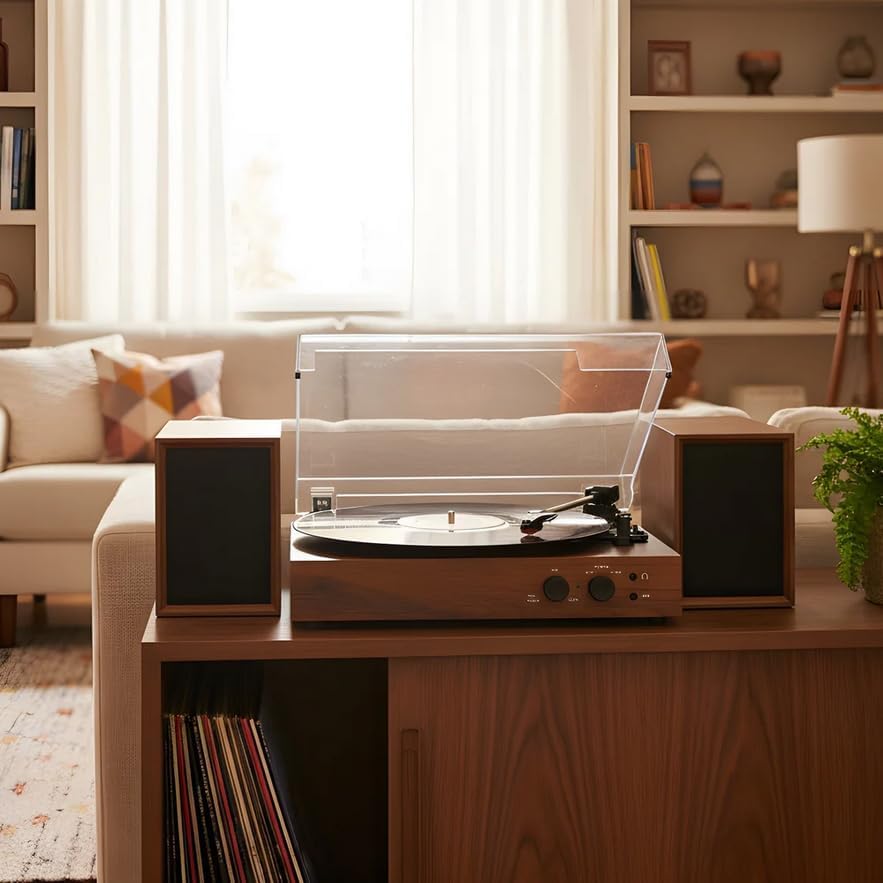 Stereo Record Player with Dual 10W Speakers Bluetooth Walnut