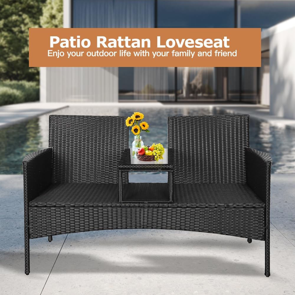 2 Seater Rattan Garden Bench w/Glass Table Patio Loveseat