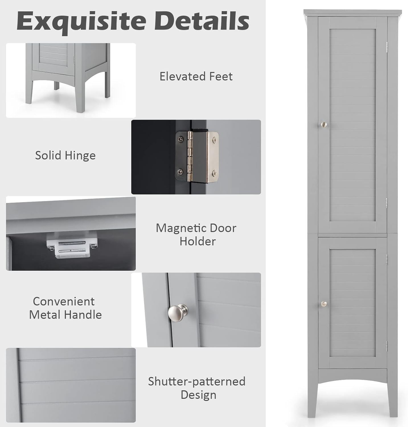 Slim Bathroom Tall Cabinet 2 Door 5 Tier Shelf Unit Grey