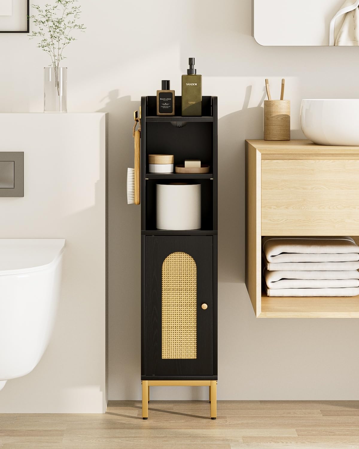 Slim Bathroom Storage Cabinet Door Black Rattan Freestanding