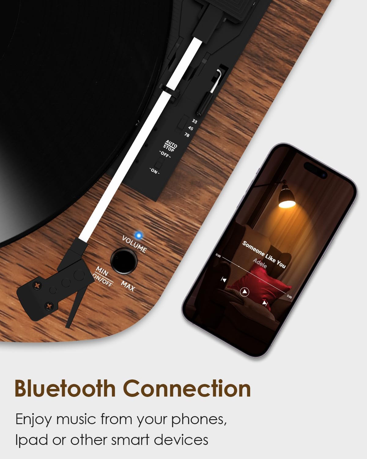 Walnut Vinyl Record Player With Dual Stereo Speakers