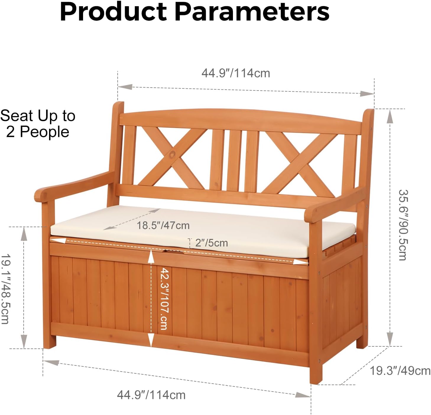 Wooden Garden Storage Bench 2 Seater Outdoor Patio Seat with Cushion