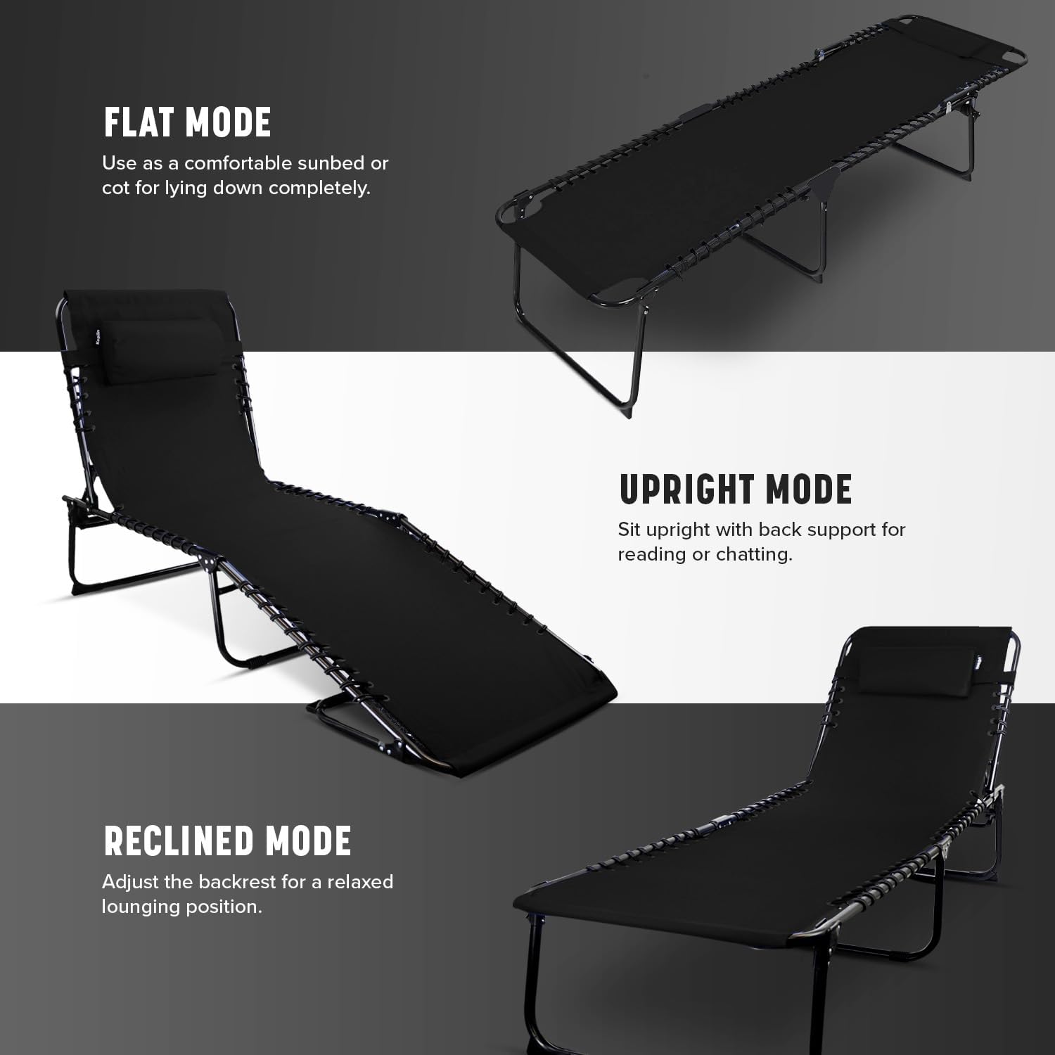 Foldable Recliner Sun Lounger Charcoal Black Lightweight