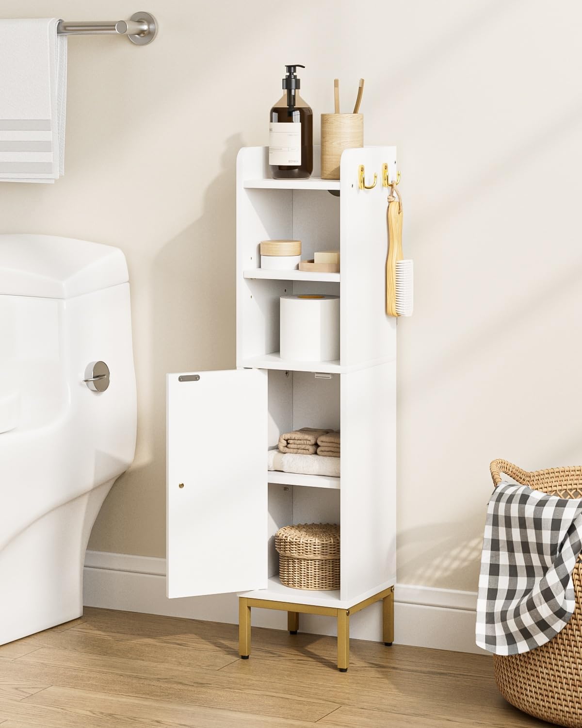 Slim Tall Bathroom Storage Cabinet Waterproof White Rattan Unit