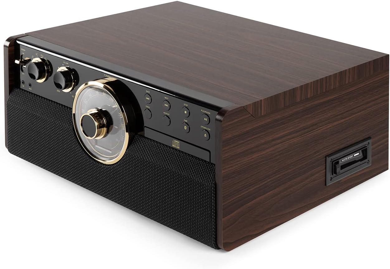 6 in 1 Wood Record Player Bluetooth CD Cassette Radio Espresso