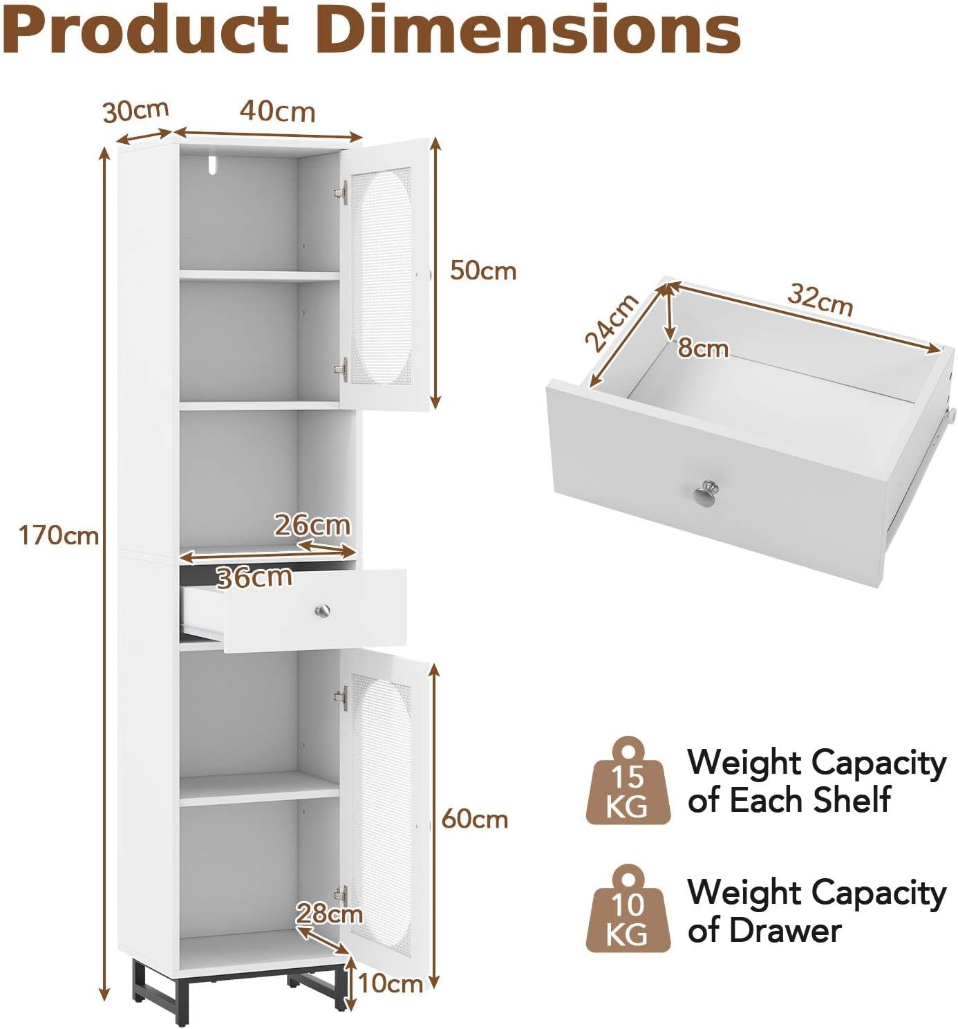 Tall Slim Storage Cabinet White Rattan Door Drawer Unit