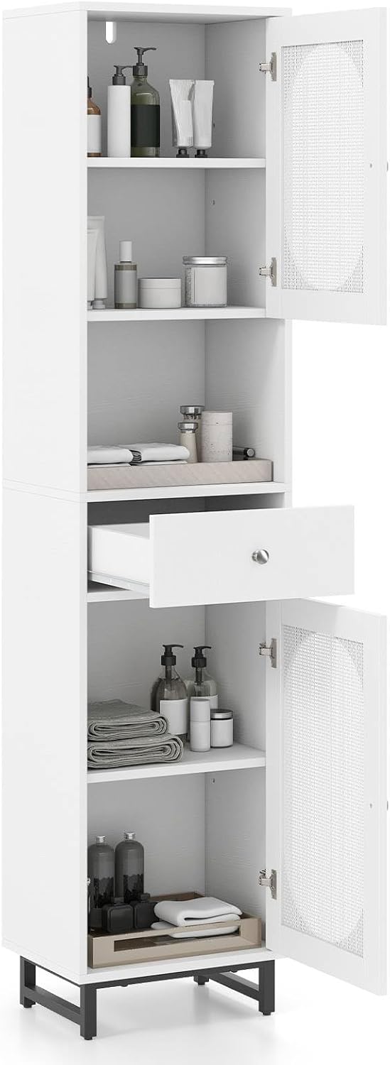 Tall Slim Storage Cabinet White Rattan Door Drawer Unit