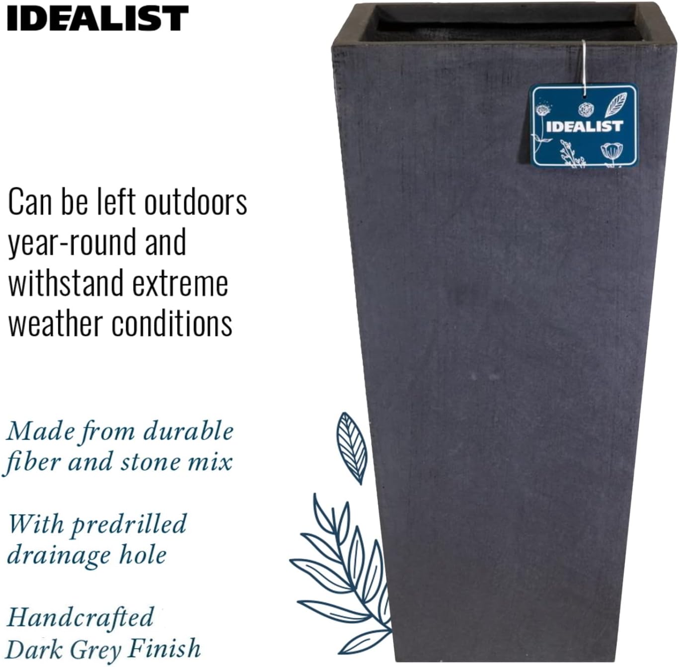 50.5cm Tall Planters Set 2 Dark Grey Stone Effect Square Pots