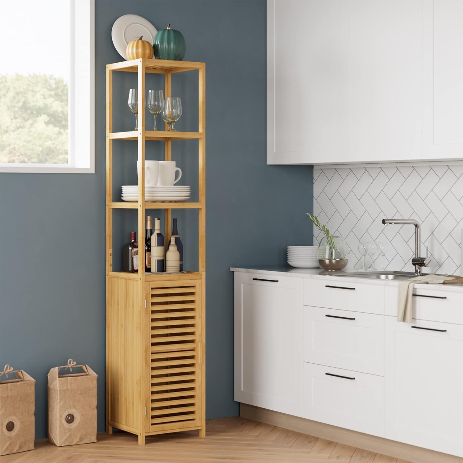 Tall Bamboo Bathroom Storage Cabinet 3 Shelves Door Natural
