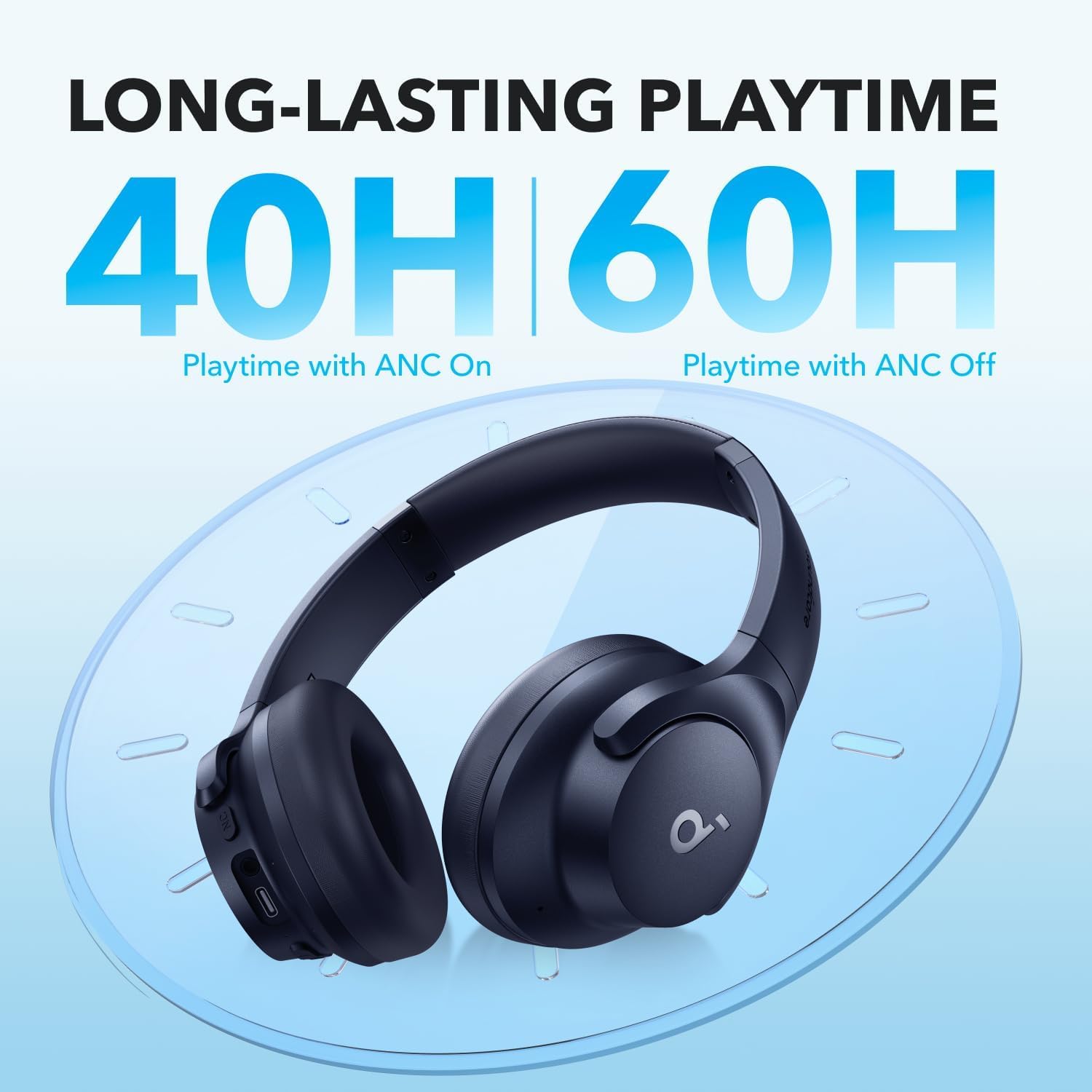 Blue ANC Bluetooth Over Ear Headphones 40H Playtime Hi Res Audio