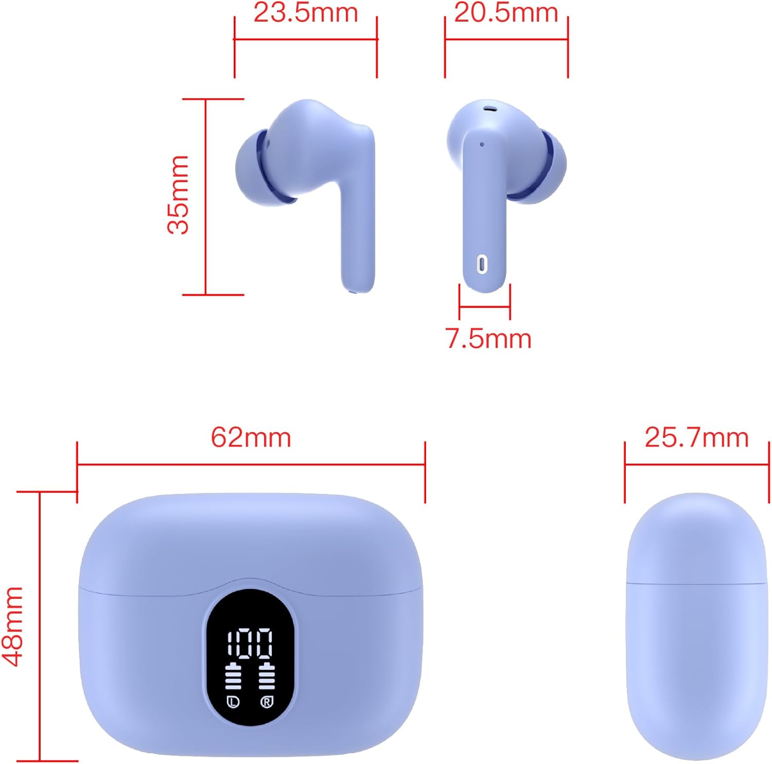 Wireless Bluetooth 5.3 Earbuds ENC Mic Deep Bass 36H LED
