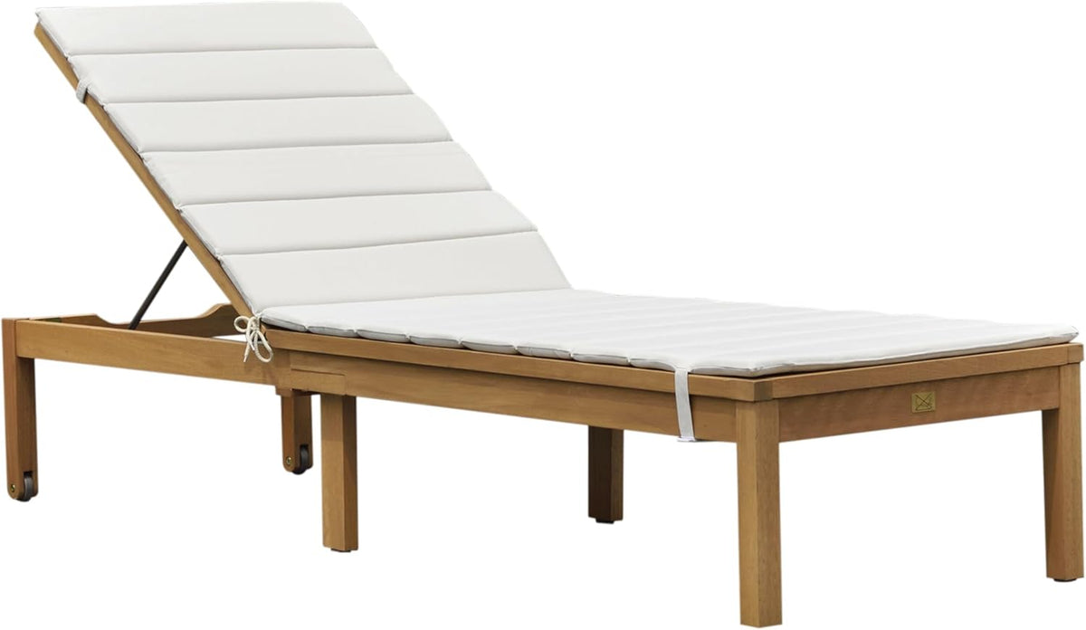 Wooden Patio Chaise Lounger with Grey Cushion Teak Finish