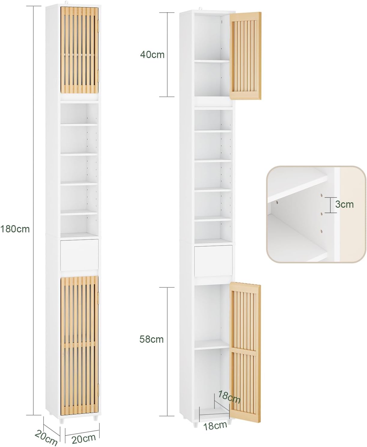 Slim Tall Bathroom Cabinet Bamboo Doors White 20cm 180cm