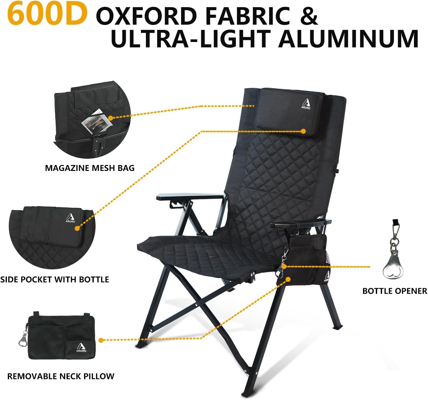 High Back Reclining Camping Chair 4 Position Black