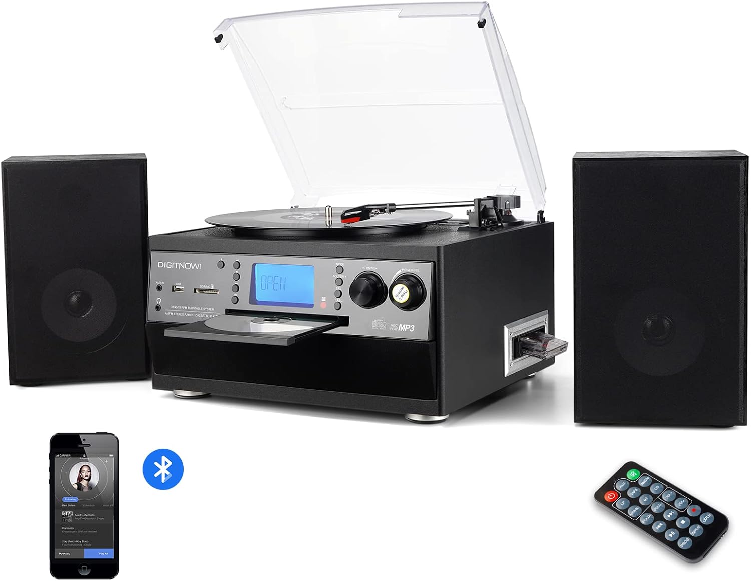 Retro Bluetooth Turntable with CD, Cassette, AM/FM, USB & Stereo Speakers
