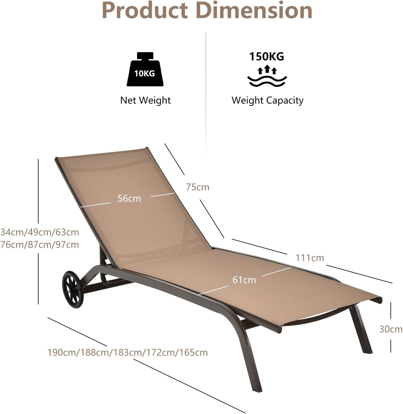 Garden Sun Lounger with Wheels 6 Position Recliner Brown