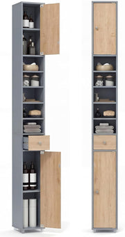 Tall Slim Bathroom Storage Cabinet Drawer Shelves Natural Grey