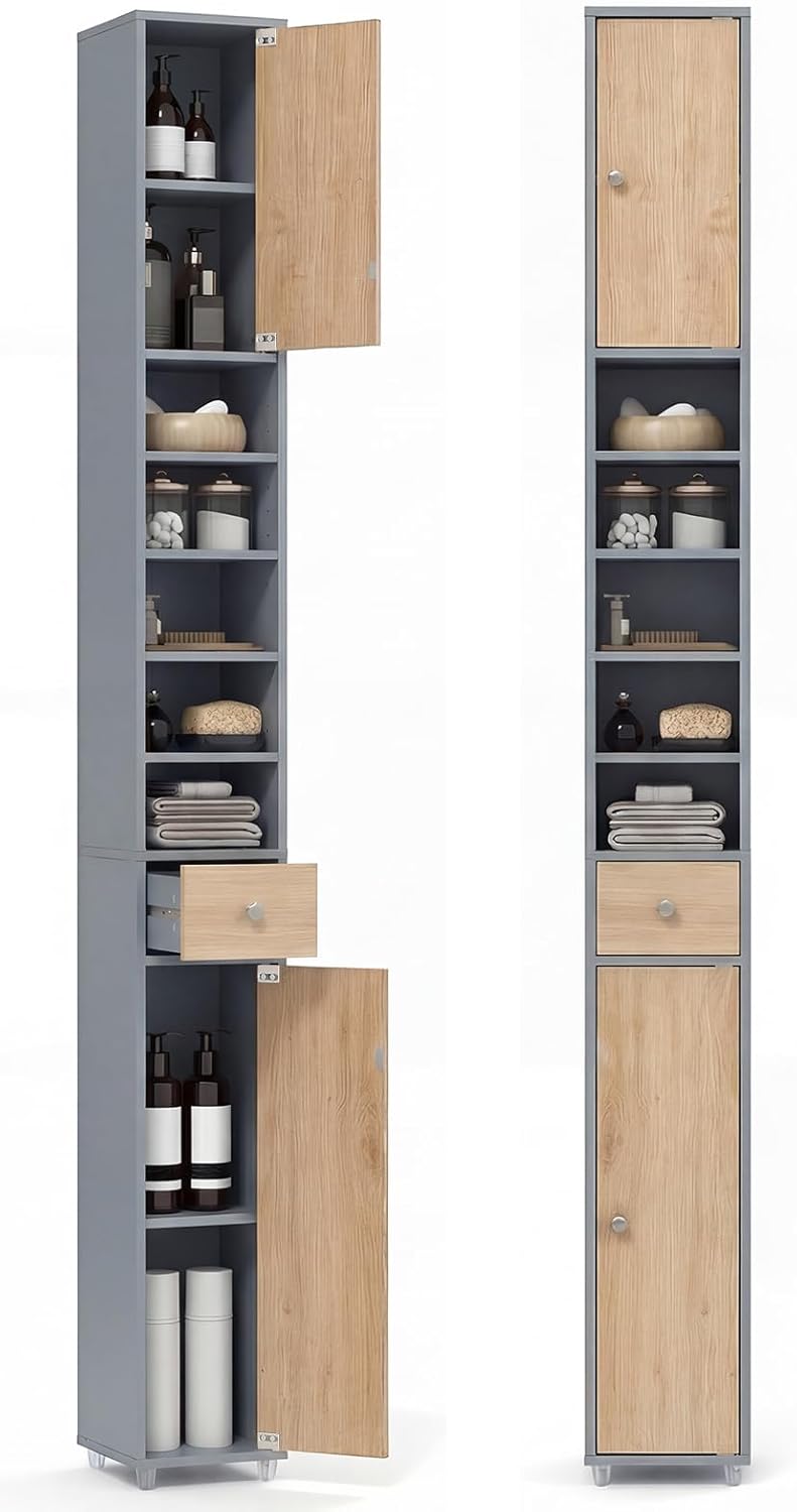Tall Slim Bathroom Storage Cabinet Drawer Shelves Natural Grey