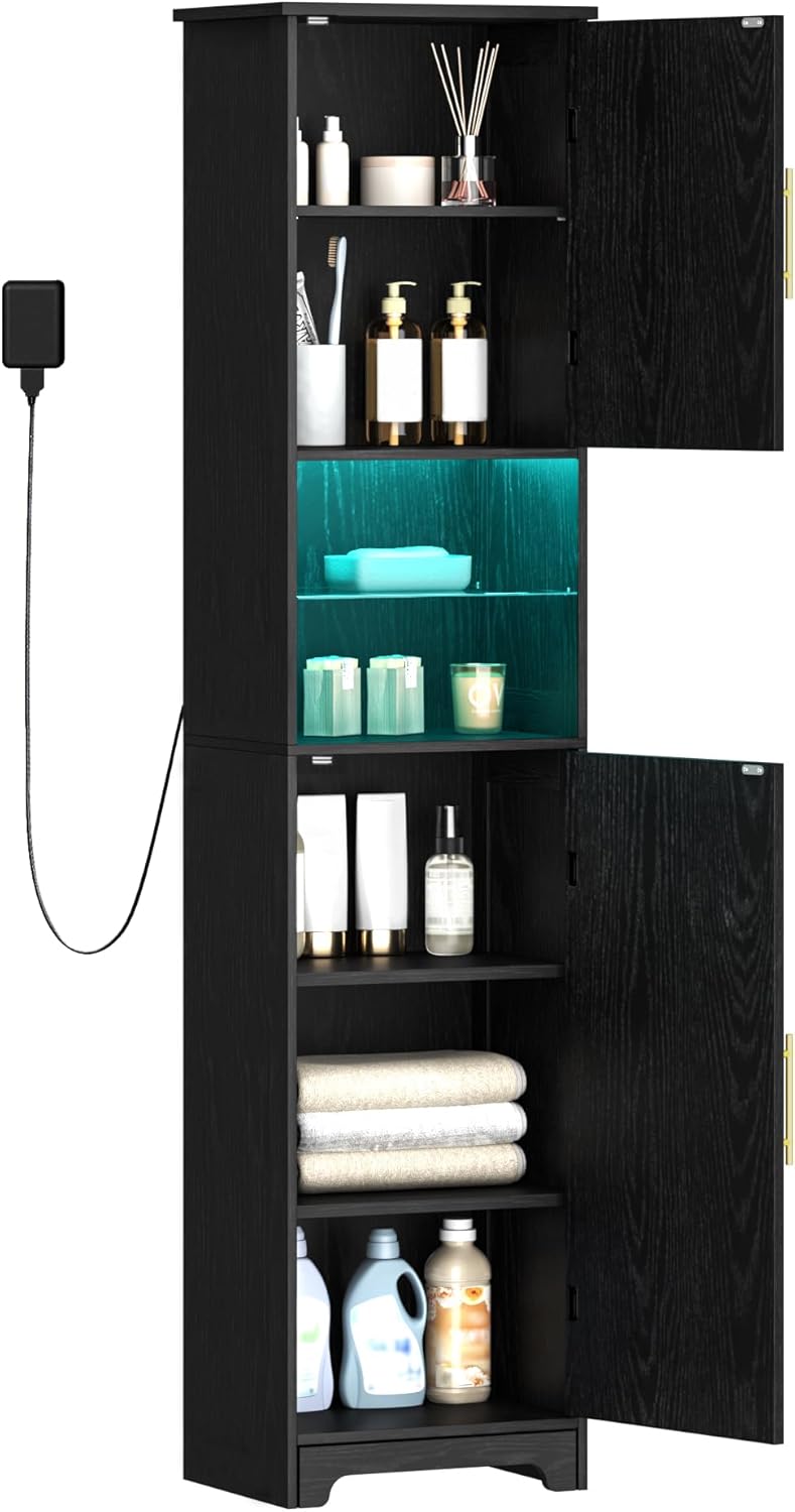 LED Tall Bathroom Storage Cabinet 2 Door Black 170cm