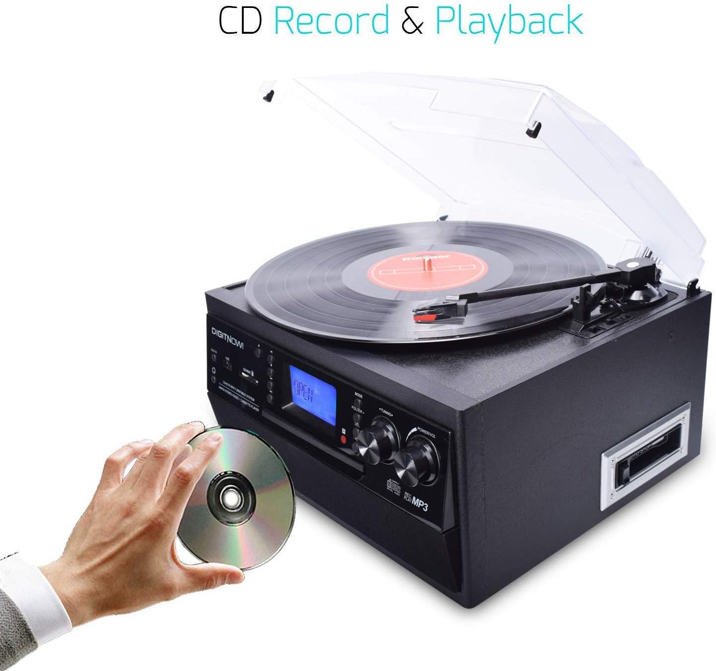 Retro Bluetooth Turntable with CD, Cassette, AM/FM, USB & Stereo Speakers