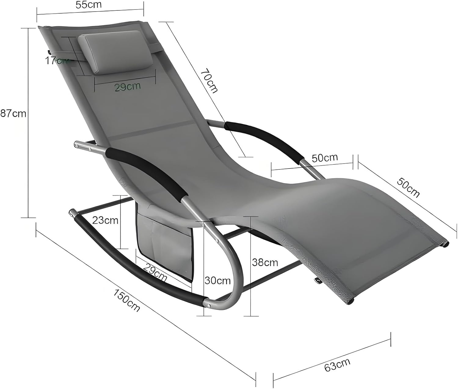 Garden Rocking Sun Lounger Recliner with Pillow Grey