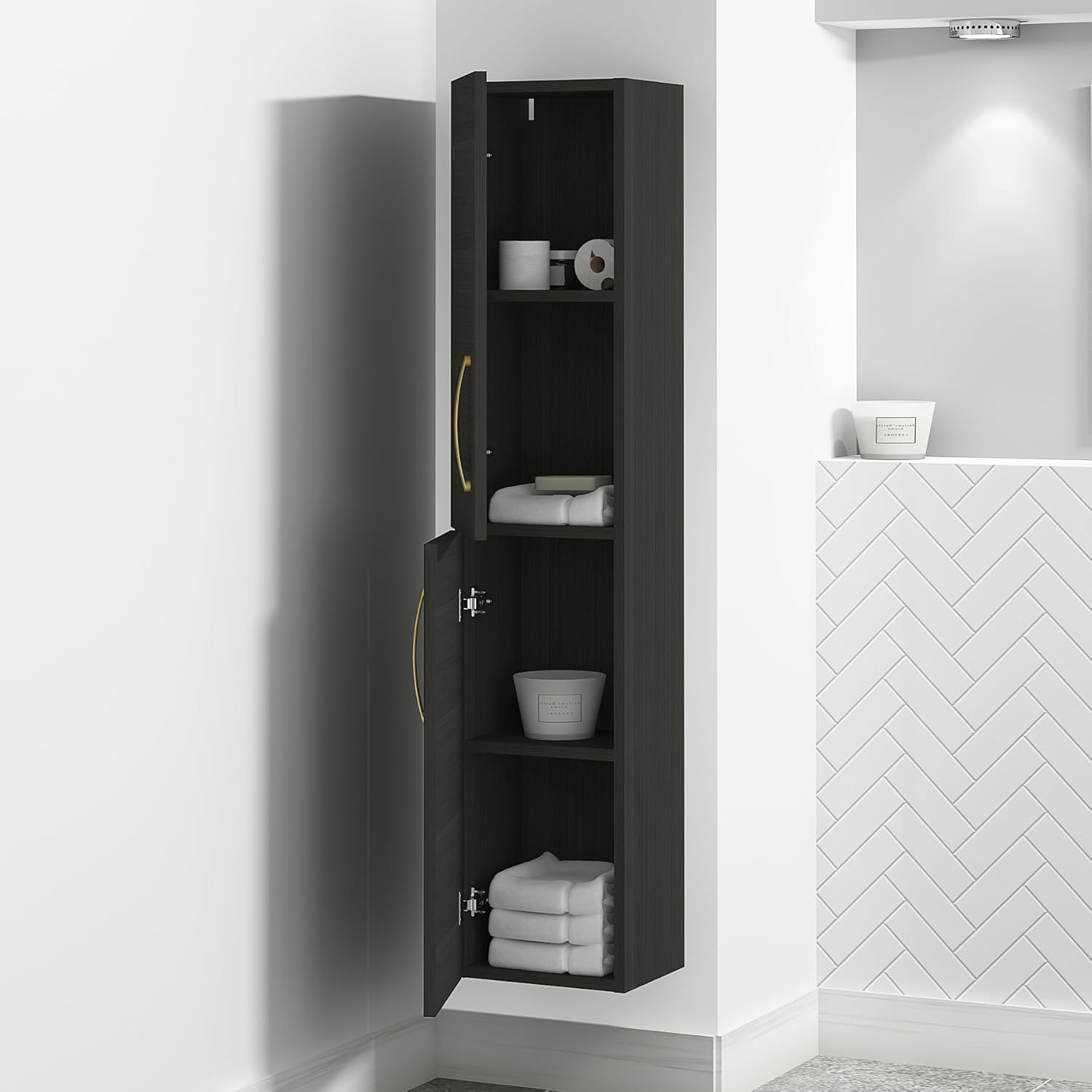 Matte Black Wall Hung Tall Bathroom Cabinet Gold Handle
