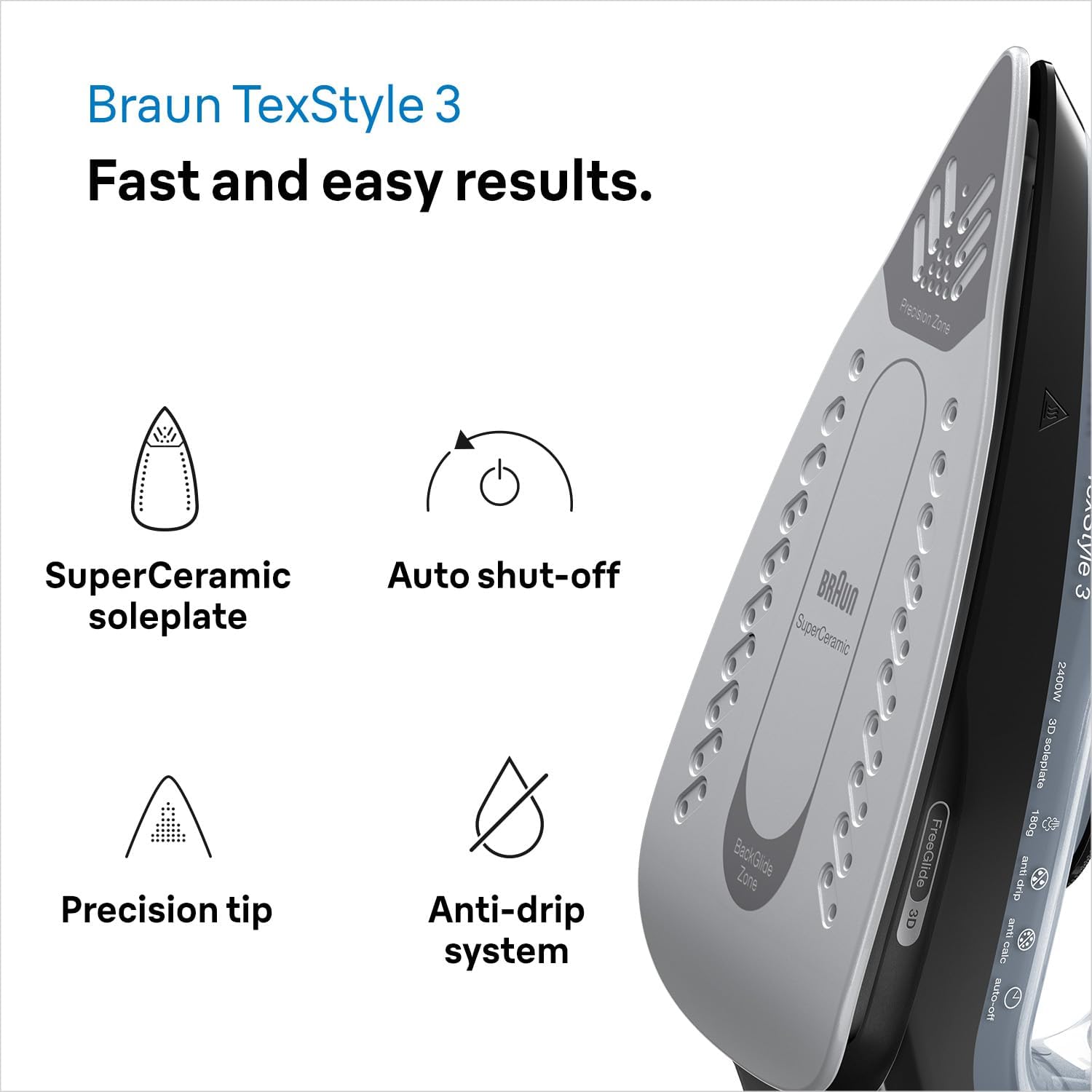 2400W Steam Iron 180g Steam Shot FreeGlide Soleplate Auto Shut Off