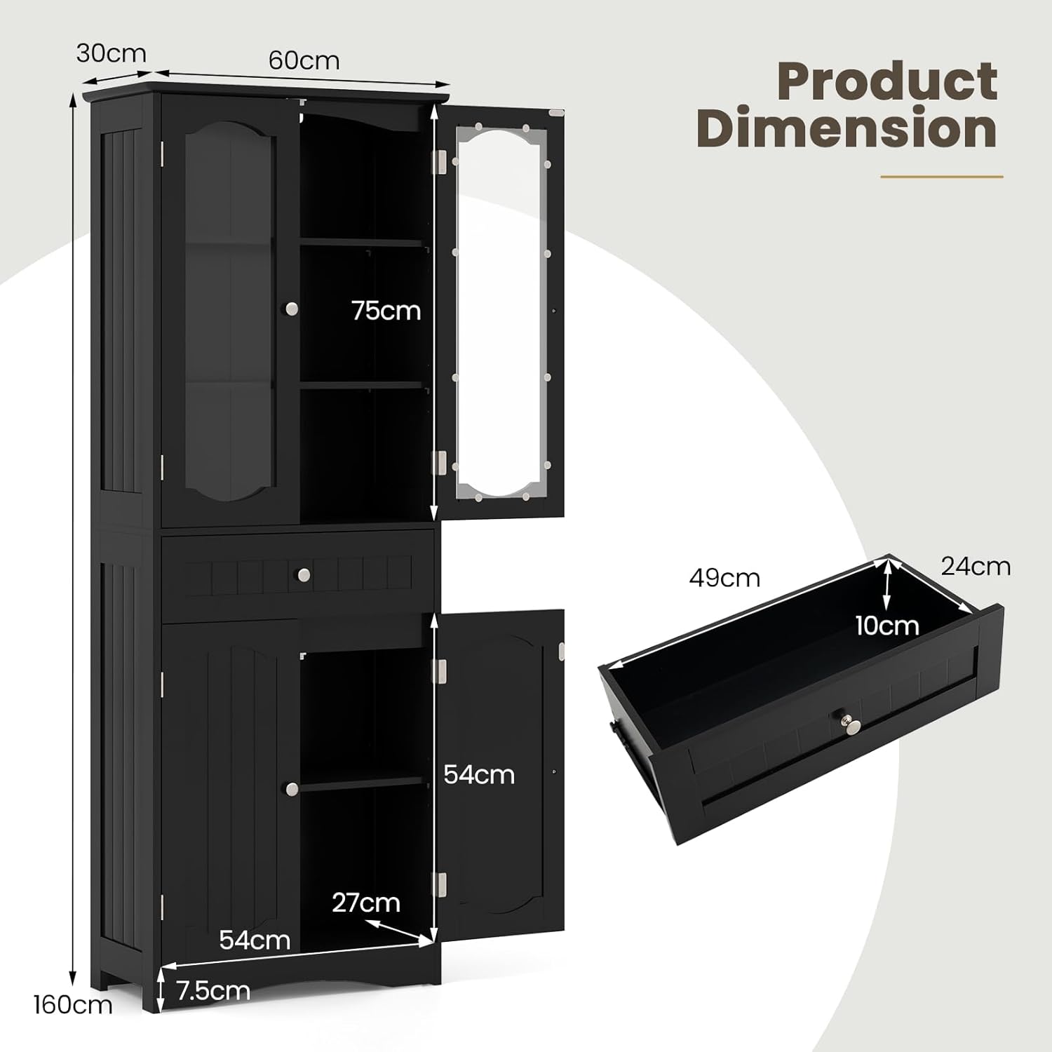 Tall Bathroom Cabinet Glass Door Drawer Shelf Unit Black