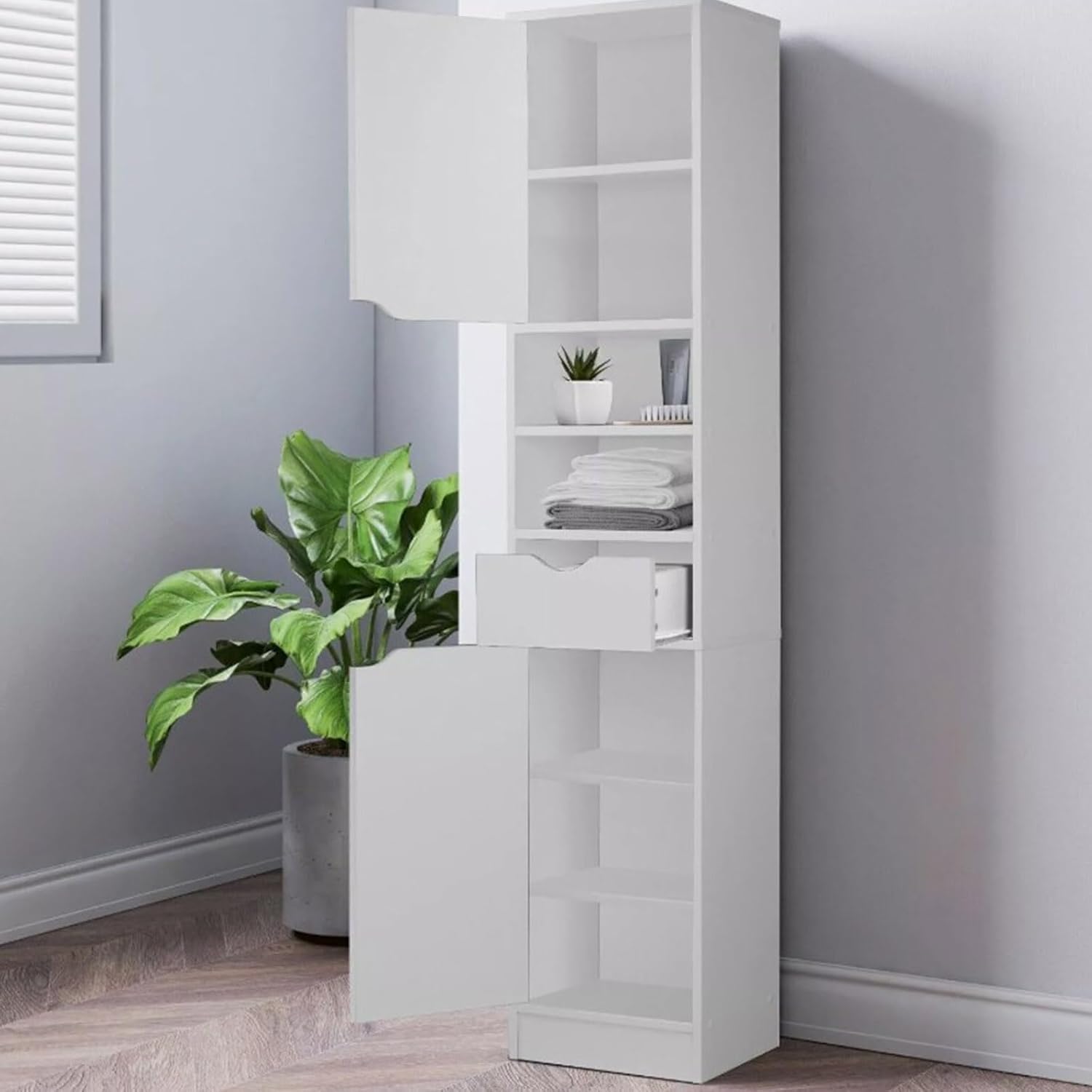 Tall Bathroom Storage Cabinet 8 Shelf Drawer Door Unit White