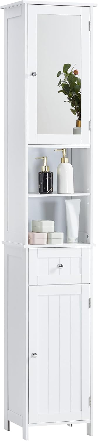 Tall Mirrored Bathroom Storage Cabinet White Drawer Unit