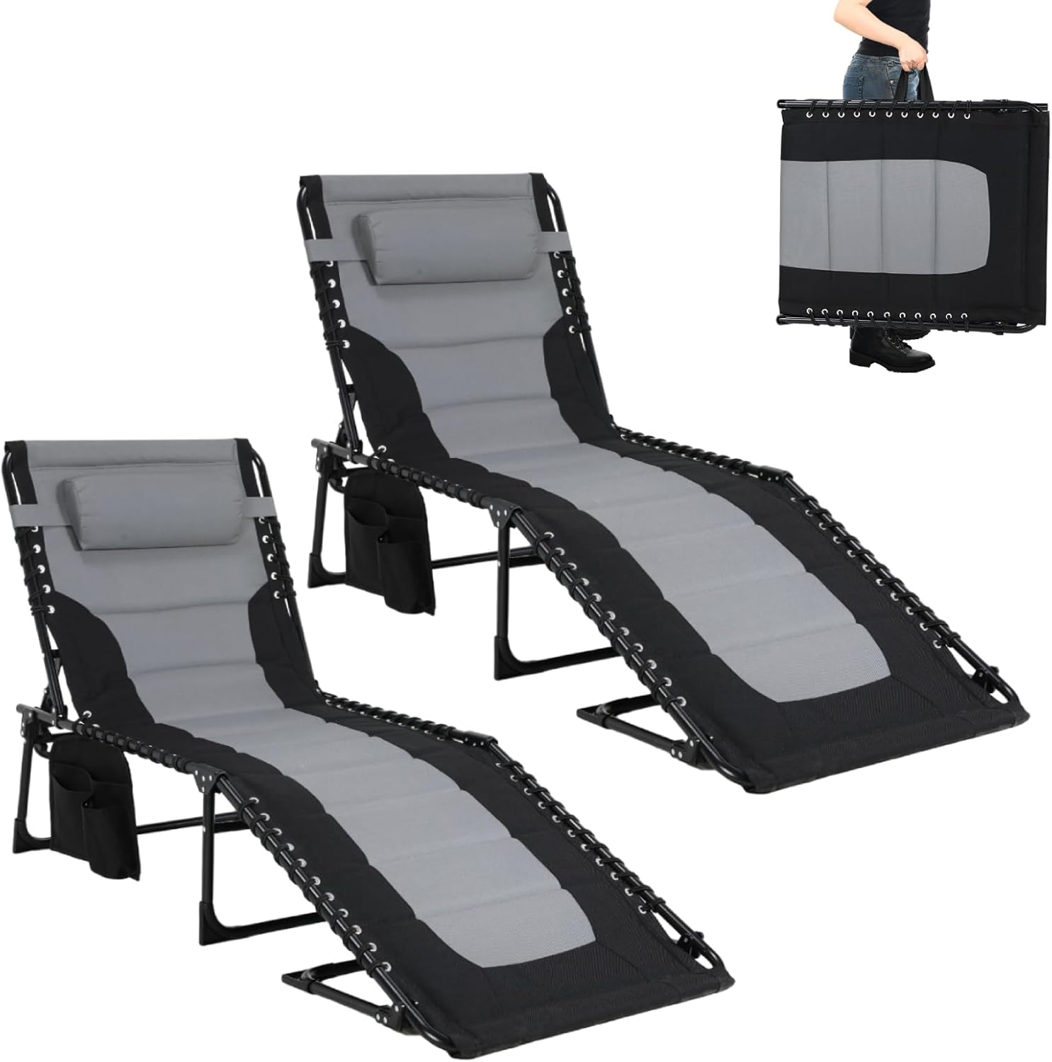 Set of 2 Oversized Folding Sun Loungers Dark Grey